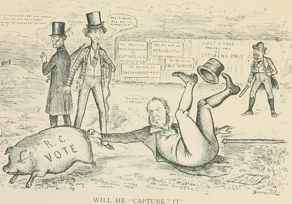 An illustration from A caricature history of Canadian politics : events from the union of 1841, as illustrated by cartoons from "Grip", and various other sources, 1886, leaf 418
