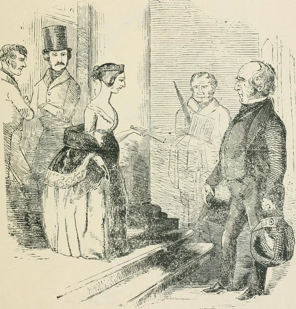 An illustration from A caricature history of Canadian politics : events from the union of 1841, as illustrated by cartoons from "Grip", and various other sources, 1886, leaf 42