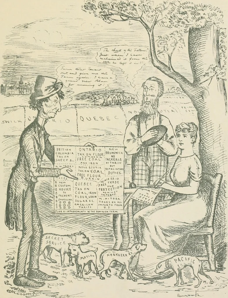 An illustration from A caricature history of Canadian politics : events from the union of 1841, as illustrated by cartoons from "Grip", and various other sources, 1886, leaf 420