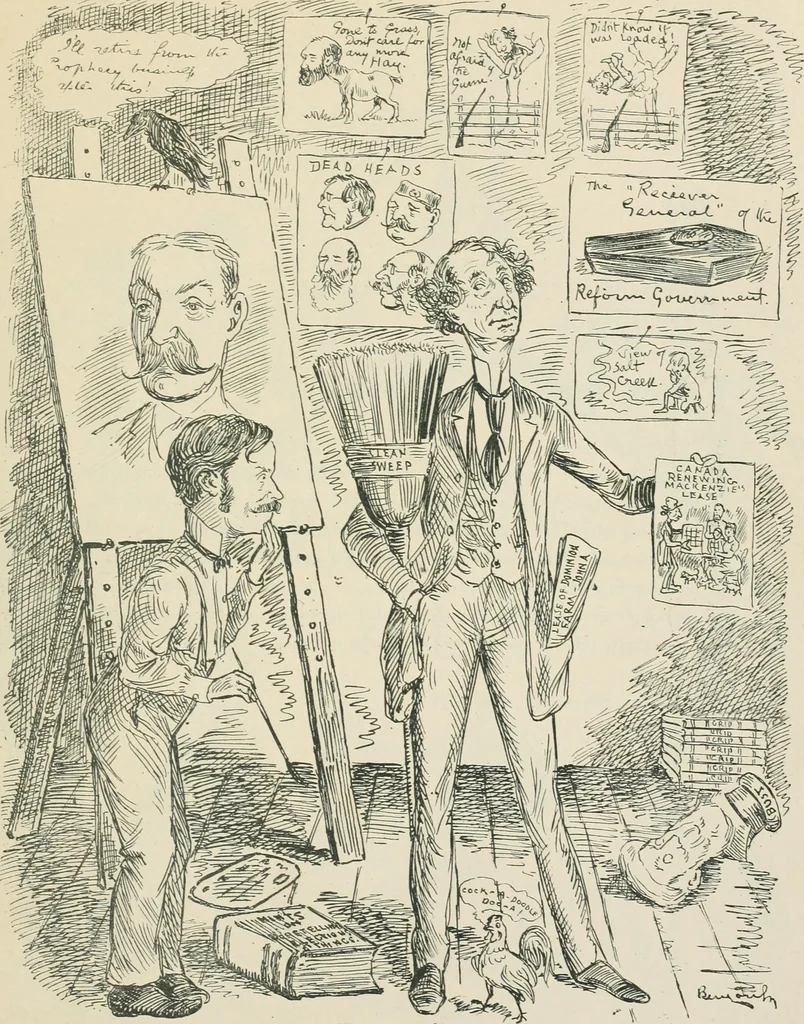 An illustration from A caricature history of Canadian politics : events from the union of 1841, as illustrated by cartoons from "Grip", and various other sources, 1886, leaf 422