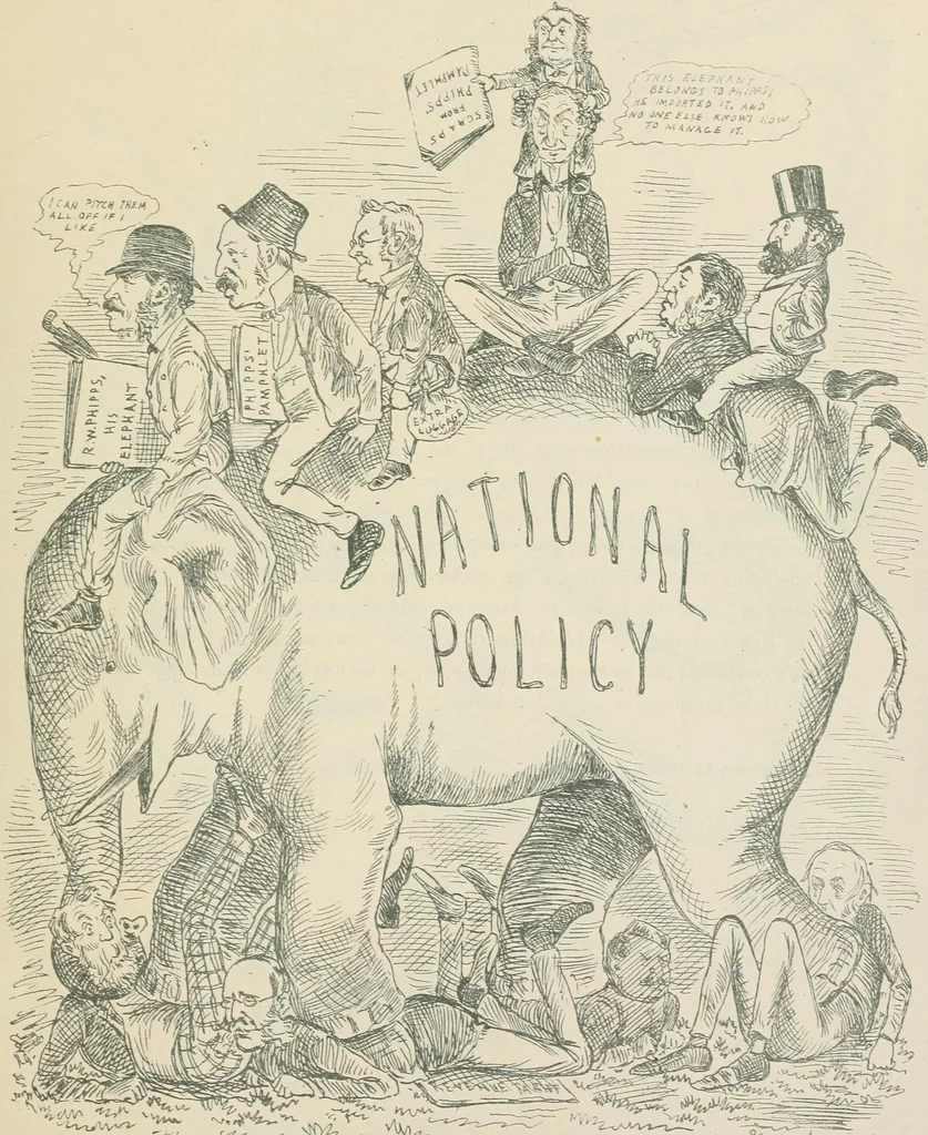 An illustration from A caricature history of Canadian politics : events from the union of 1841, as illustrated by cartoons from "Grip", and various other sources, 1886, leaf 424