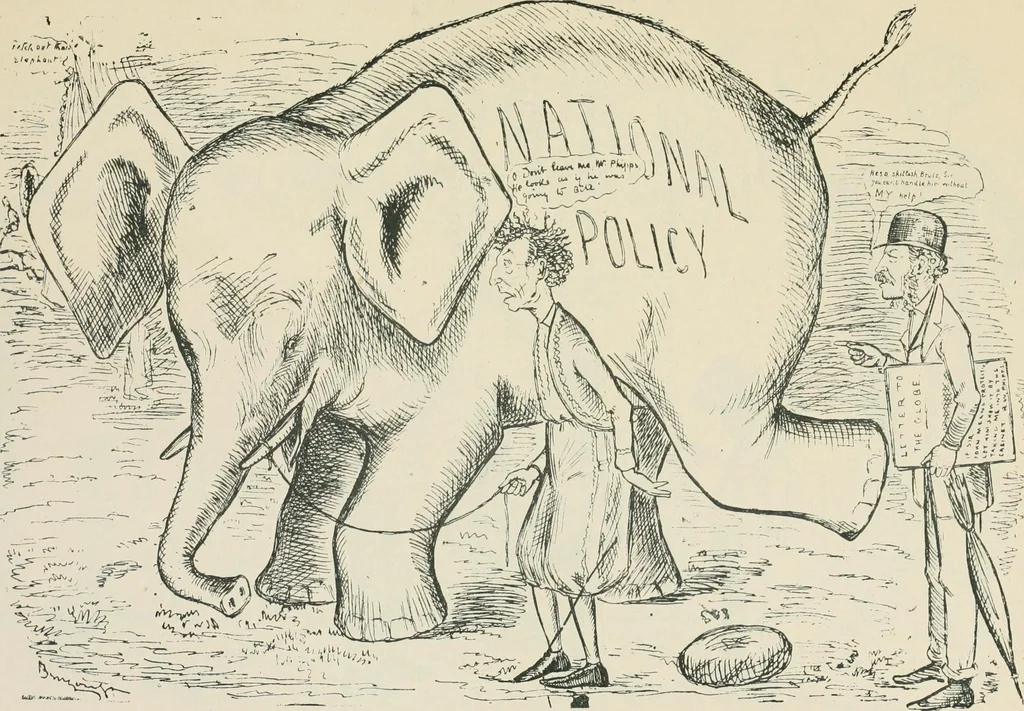 An illustration from A caricature history of Canadian politics : events from the union of 1841, as illustrated by cartoons from "Grip", and various other sources, 1886, leaf 426