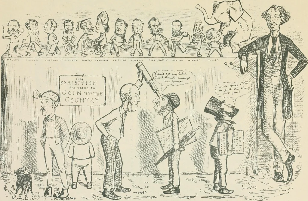 An illustration from A caricature history of Canadian politics : events from the union of 1841, as illustrated by cartoons from "Grip", and various other sources, 1886, leaf 428