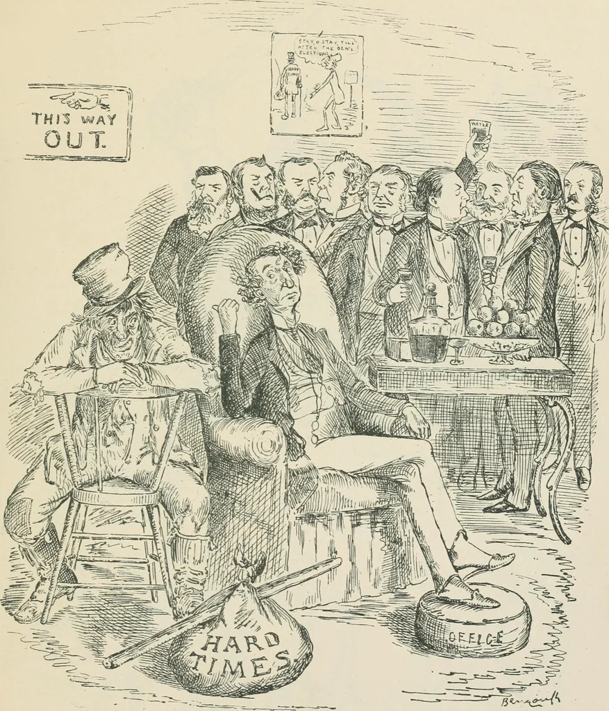 An illustration from A caricature history of Canadian politics : events from the union of 1841, as illustrated by cartoons from "Grip", and various other sources, 1886, leaf 430