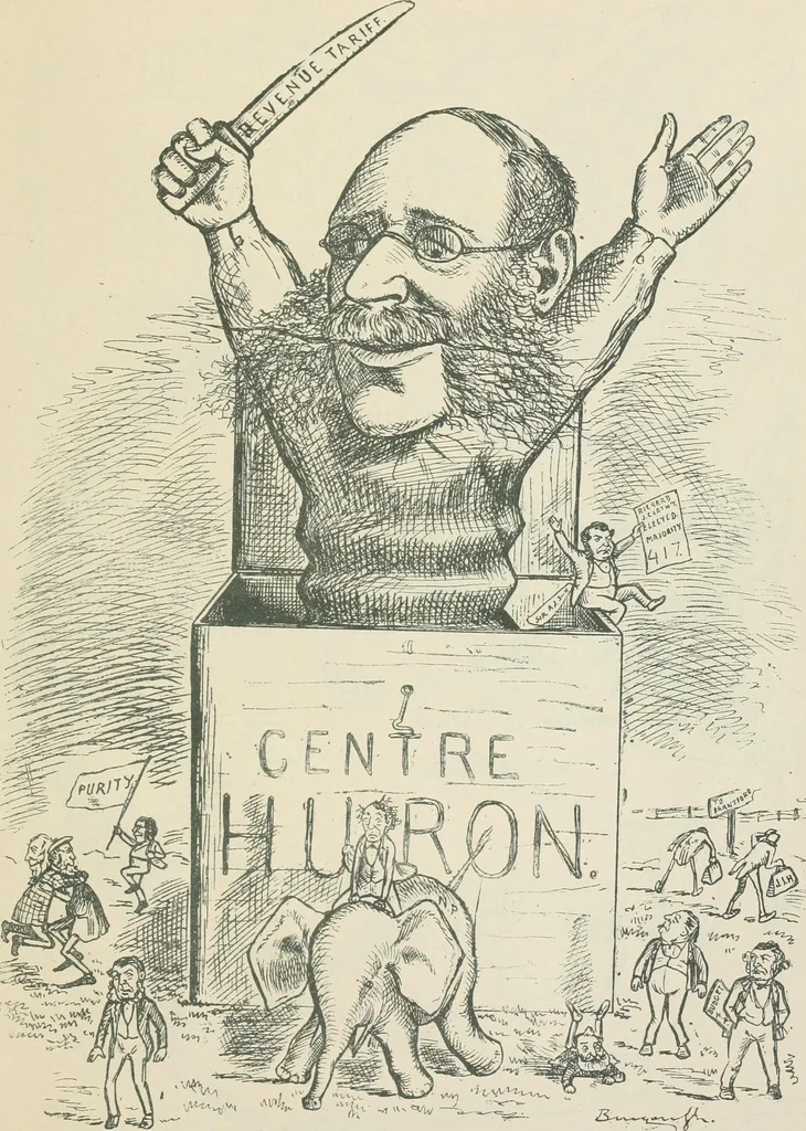 An illustration from A caricature history of Canadian politics : events from the union of 1841, as illustrated by cartoons from "Grip", and various other sources, 1886, leaf 432