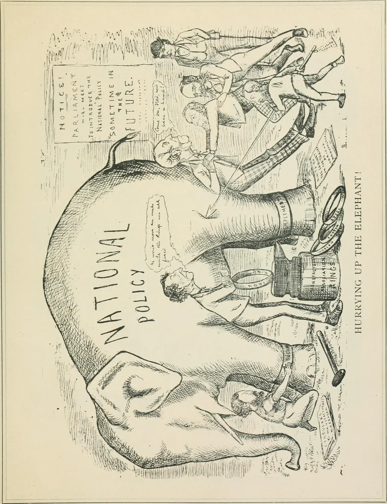 An illustration from A caricature history of Canadian politics : events from the union of 1841, as illustrated by cartoons from "Grip", and various other sources, 1886, leaf 434