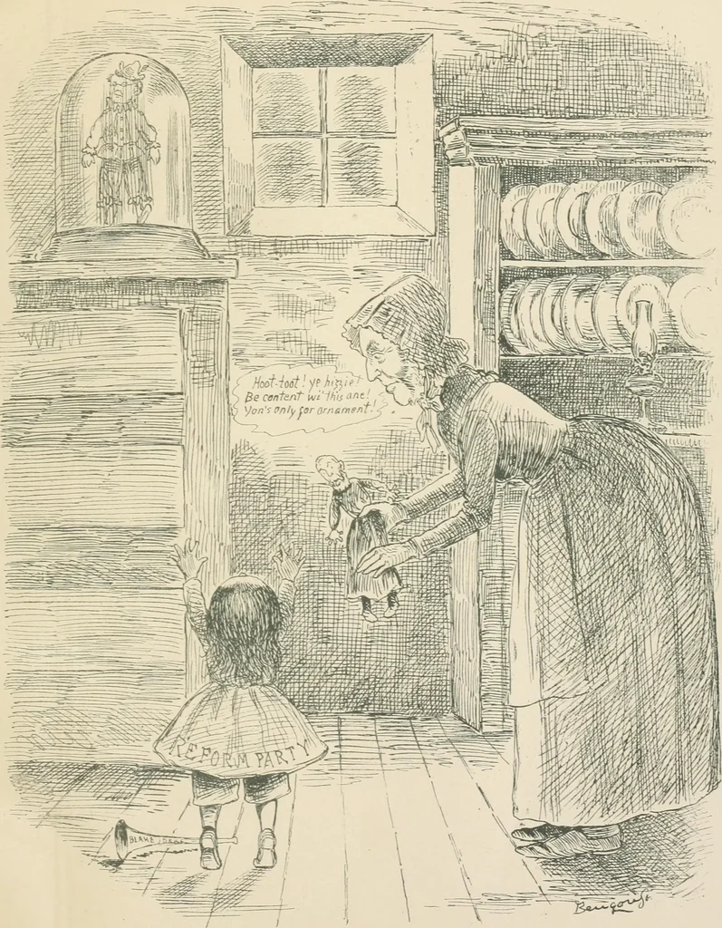 An illustration from A caricature history of Canadian politics : events from the union of 1841, as illustrated by cartoons from "Grip", and various other sources, 1886, leaf 436
