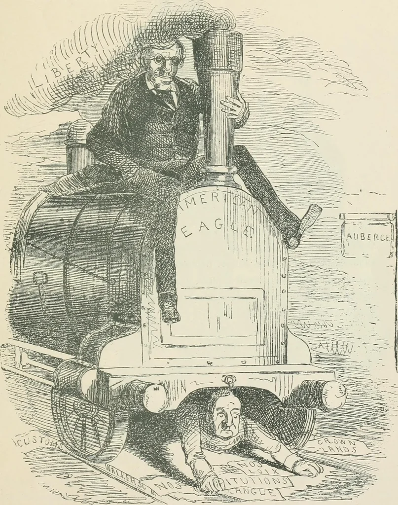 An illustration from A caricature history of Canadian politics : events from the union of 1841, as illustrated by cartoons from "Grip", and various other sources, 1886, leaf 48
