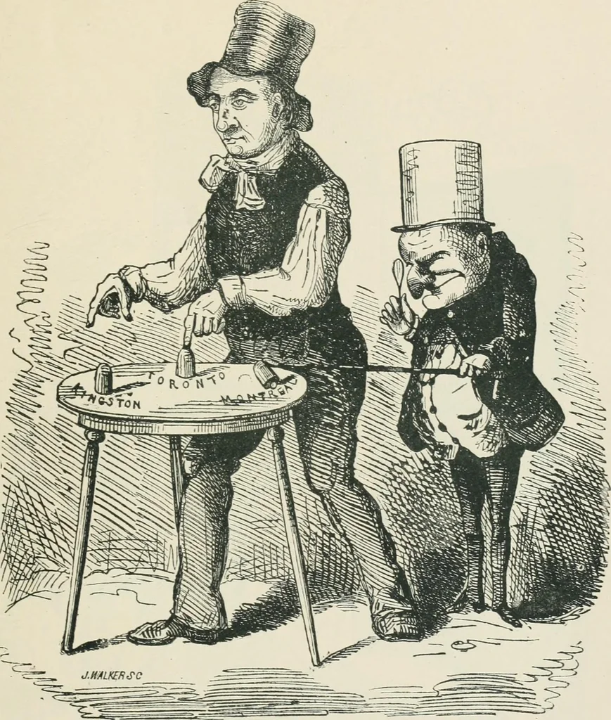 An illustration from A caricature history of Canadian politics : events from the union of 1841, as illustrated by cartoons from "Grip", and various other sources, 1886, leaf 50