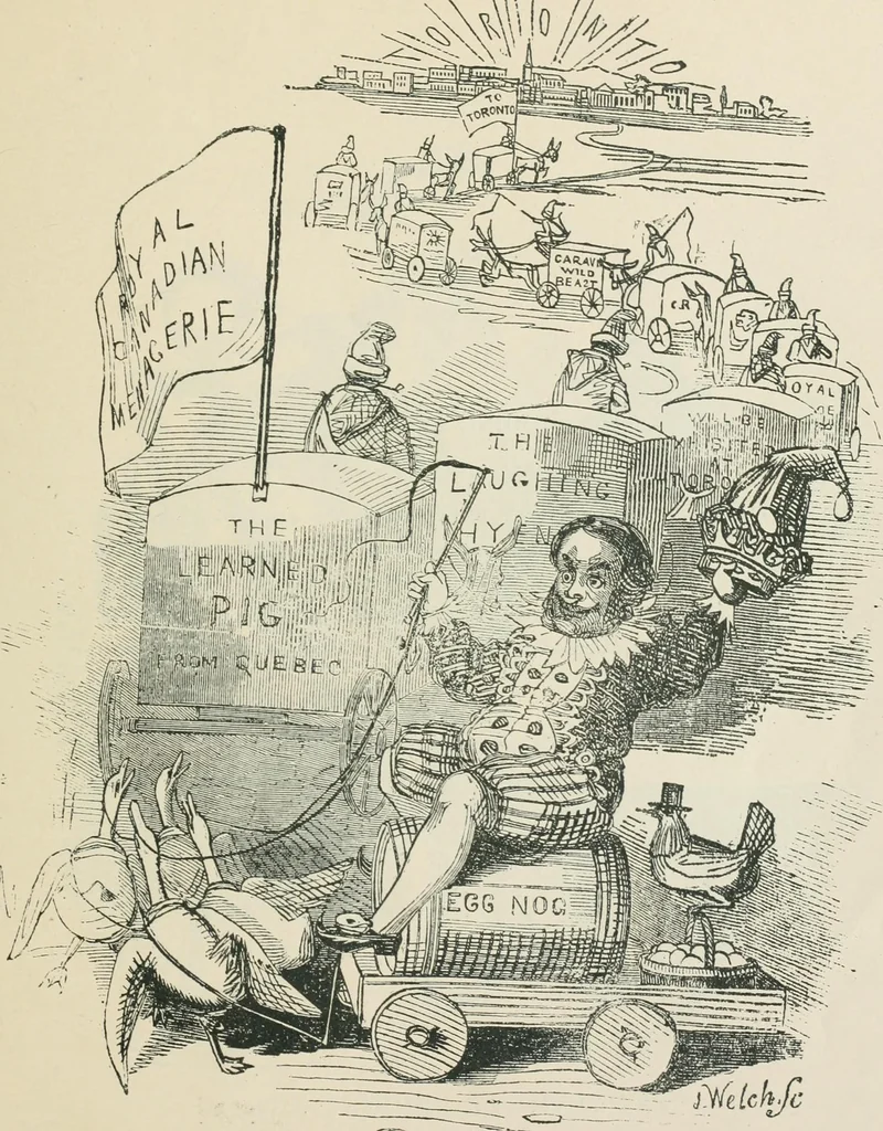 An illustration from A caricature history of Canadian politics : events from the union of 1841, as illustrated by cartoons from "Grip", and various other sources, 1886, leaf 58