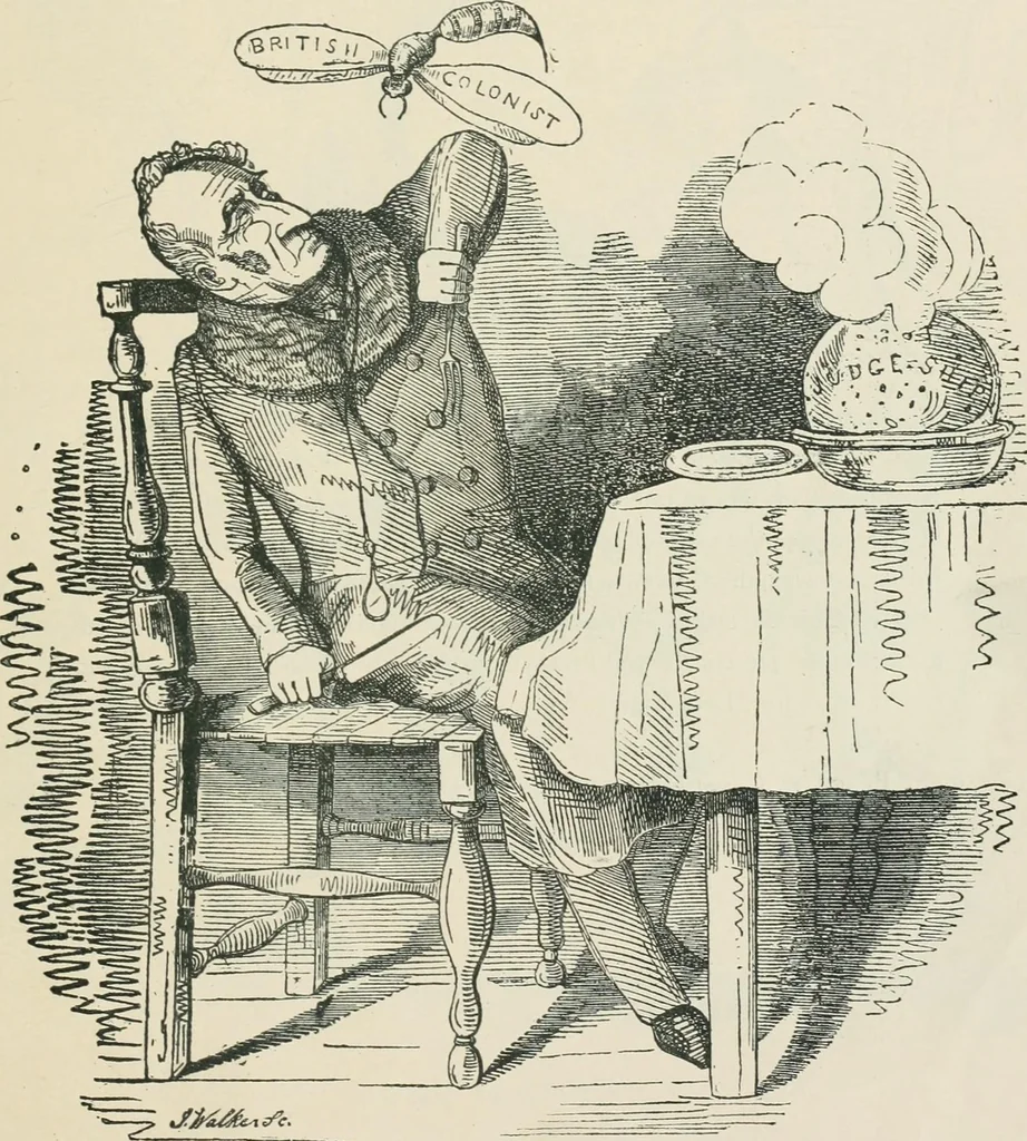 An illustration from A caricature history of Canadian politics : events from the union of 1841, as illustrated by cartoons from "Grip", and various other sources, 1886, leaf 60