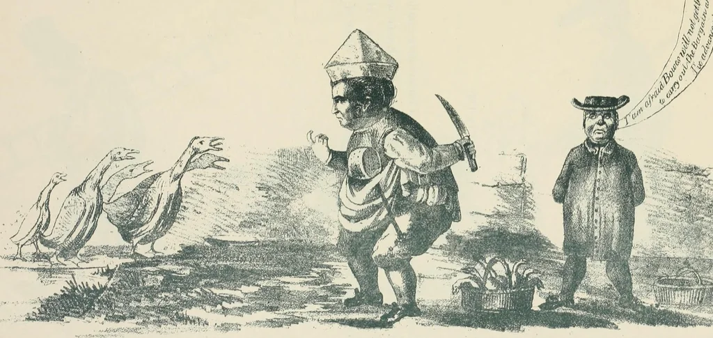 An illustration from A caricature history of Canadian politics : events from the union of 1841, as illustrated by cartoons from "Grip", and various other sources, 1886, leaf 72
