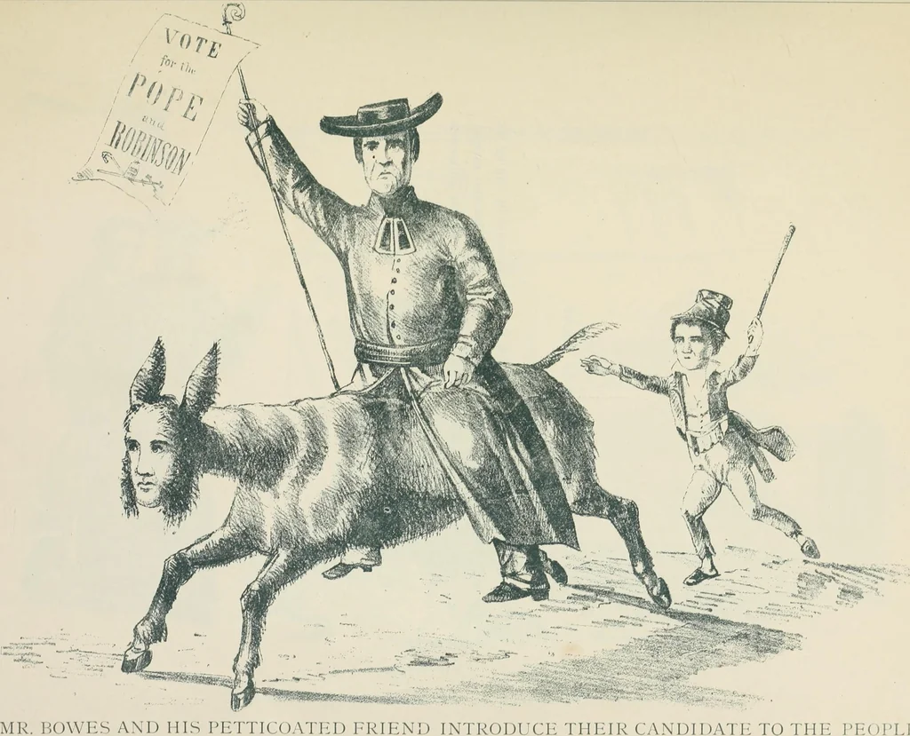 An illustration from A caricature history of Canadian politics : events from the union of 1841, as illustrated by cartoons from "Grip", and various other sources, 1886, leaf 76