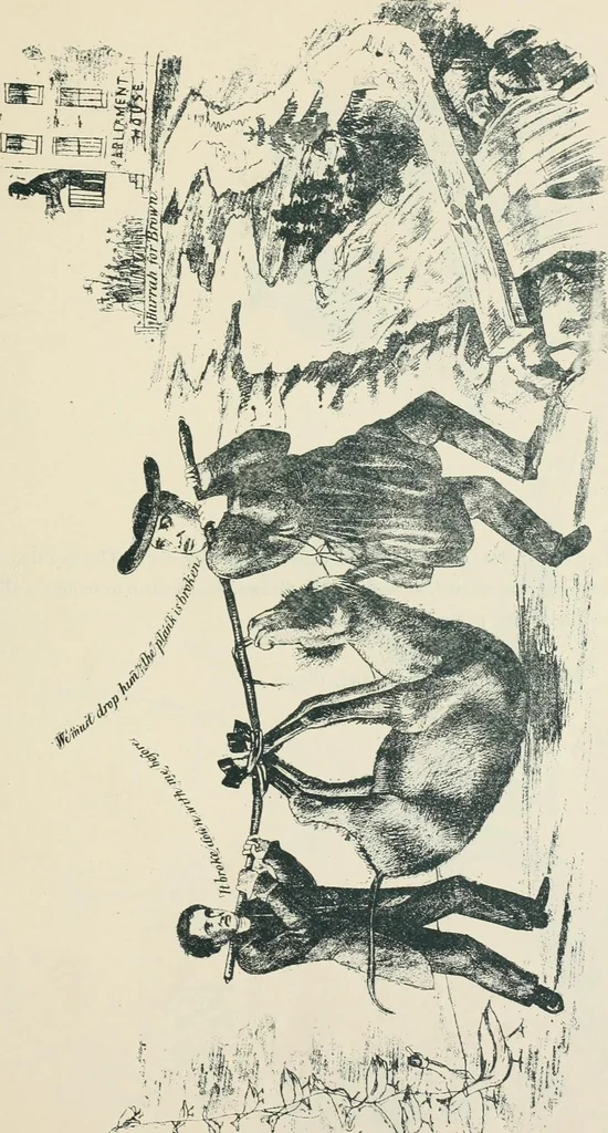 An illustration from A caricature history of Canadian politics : events from the union of 1841, as illustrated by cartoons from "Grip", and various other sources, 1886, leaf 82