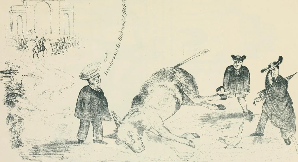 An illustration from A caricature history of Canadian politics : events from the union of 1841, as illustrated by cartoons from "Grip", and various other sources, 1886, leaf 84