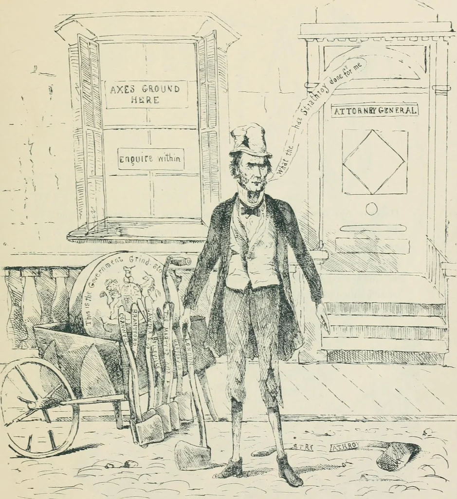 An illustration from A caricature history of Canadian politics : events from the union of 1841, as illustrated by cartoons from "Grip", and various other sources, 1886, leaf 88