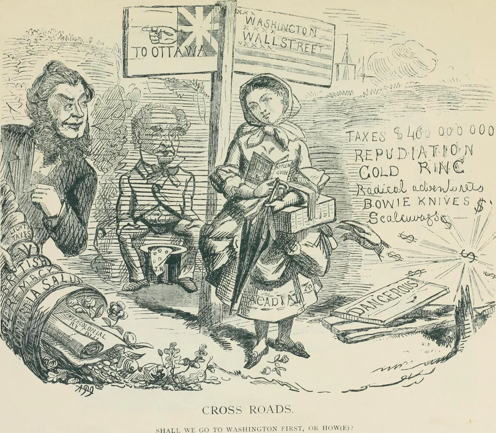 An illustration from A caricature history of Canadian politics : events from the union of 1841, as illustrated by cartoons from "Grip", and various other sources, 1886, leaf 90