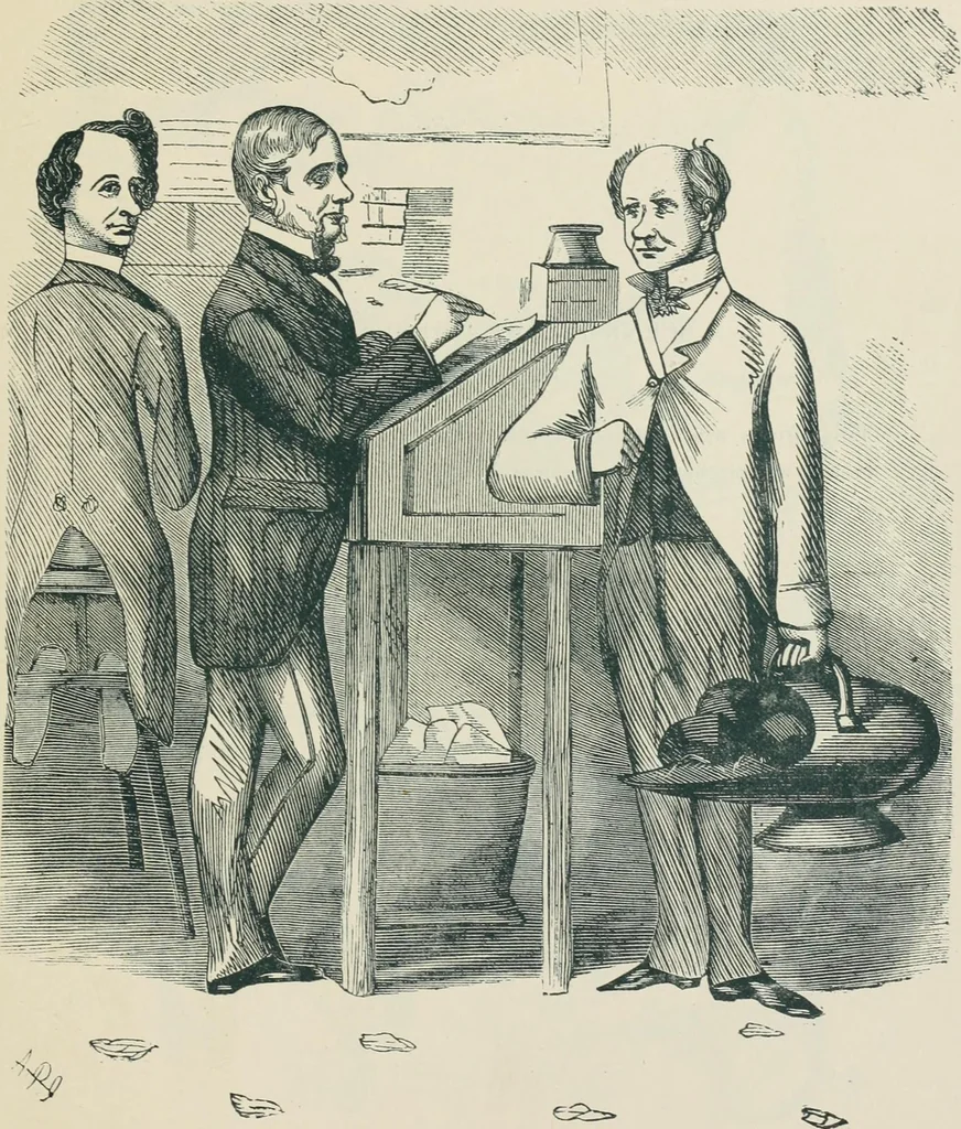 An illustration from A caricature history of Canadian politics : events from the union of 1841, as illustrated by cartoons from "Grip", and various other sources, 1886, leaf 92