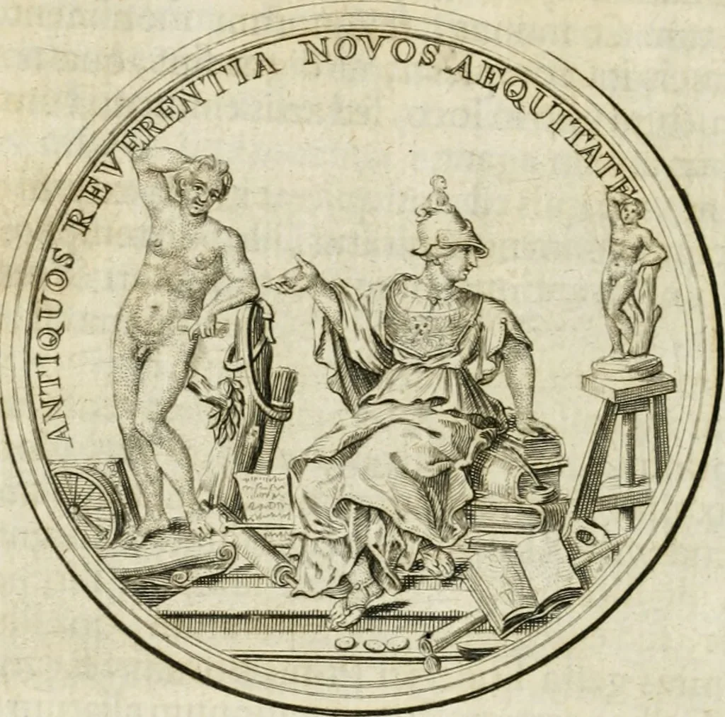 An illustration from Caroli Gustavi Heraei sacrae caes., majest., consiliarii, & rei antiquae, nec non feriundis numismatibus praefecti, Inscriptiones et symbola varii argumenti, 1734, leaf 17