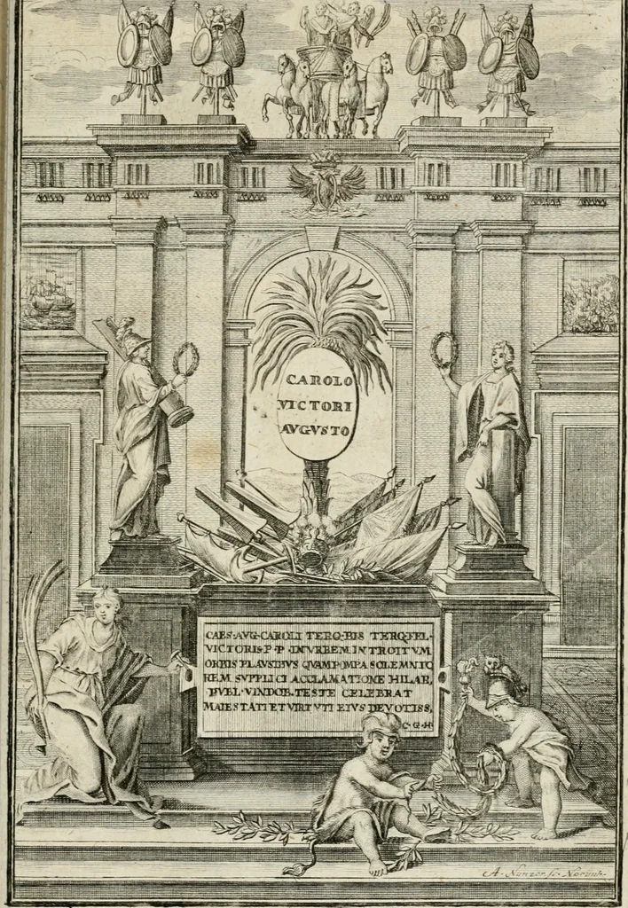An illustration from Caroli Gustavi Heraei sacrae caes., majest., consiliarii, & rei antiquae, nec non feriundis numismatibus praefecti, Inscriptiones et symbola varii argumenti, 1734, leaf 186