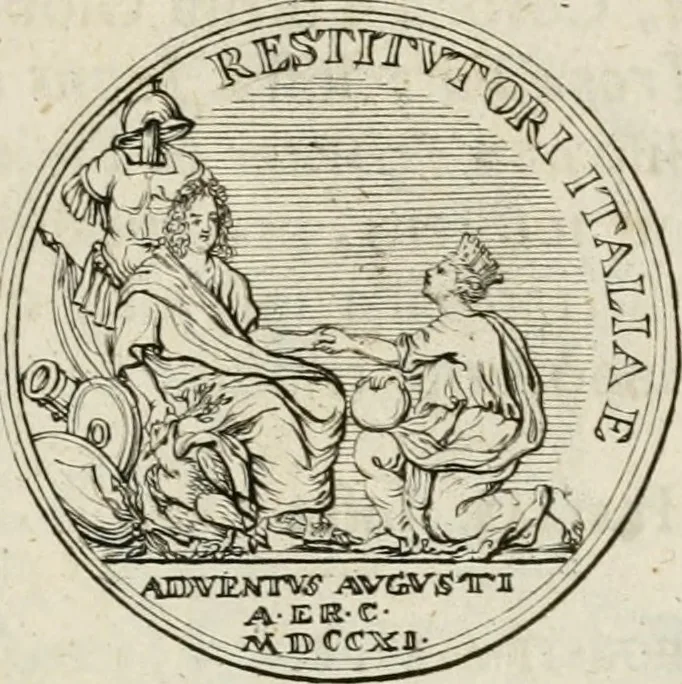 An illustration from Caroli Gustavi Heraei sacrae caes., majest., consiliarii, & rei antiquae, nec non feriundis numismatibus praefecti, Inscriptiones et symbola varii argumenti, 1734, leaf 20