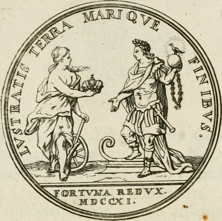 An illustration from Caroli Gustavi Heraei sacrae caes., majest., consiliarii, & rei antiquae, nec non feriundis numismatibus praefecti, Inscriptiones et symbola varii argumenti, 1734, leaf 22