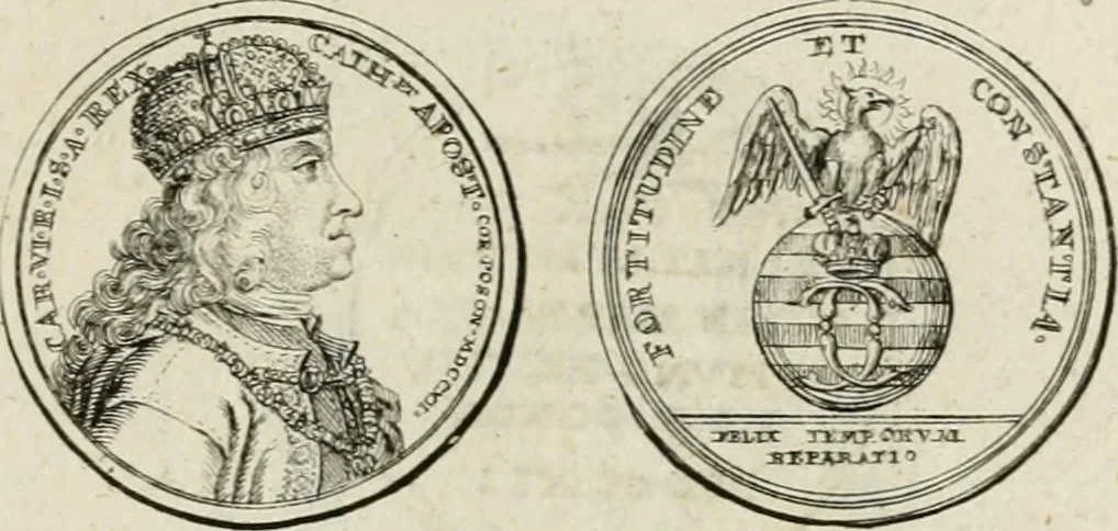 An illustration from Caroli Gustavi Heraei sacrae caes., majest., consiliarii, & rei antiquae, nec non feriundis numismatibus praefecti, Inscriptiones et symbola varii argumenti, 1734, leaf 28