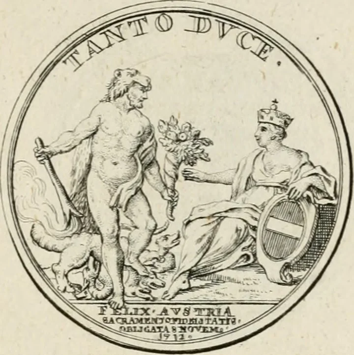 An illustration from Caroli Gustavi Heraei sacrae caes., majest., consiliarii, & rei antiquae, nec non feriundis numismatibus praefecti, Inscriptiones et symbola varii argumenti, 1734, leaf 30