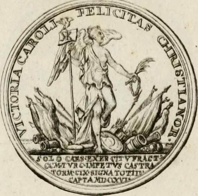 An illustration from Caroli Gustavi Heraei sacrae caes., majest., consiliarii, & rei antiquae, nec non feriundis numismatibus praefecti, Inscriptiones et symbola varii argumenti, 1734, leaf 36