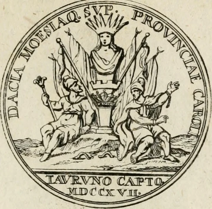 An illustration from Caroli Gustavi Heraei sacrae caes., majest., consiliarii, & rei antiquae, nec non feriundis numismatibus praefecti, Inscriptiones et symbola varii argumenti, 1734, leaf 42