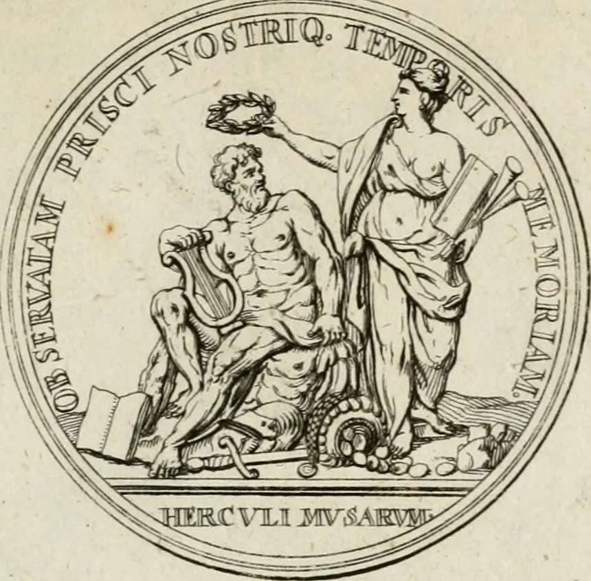 An illustration from Caroli Gustavi Heraei sacrae caes., majest., consiliarii, & rei antiquae, nec non feriundis numismatibus praefecti, Inscriptiones et symbola varii argumenti, 1734, leaf 48