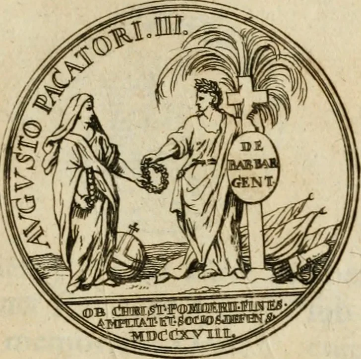 An illustration from Caroli Gustavi Heraei sacrae caes., majest., consiliarii, & rei antiquae, nec non feriundis numismatibus praefecti, Inscriptiones et symbola varii argumenti, 1734, leaf 56