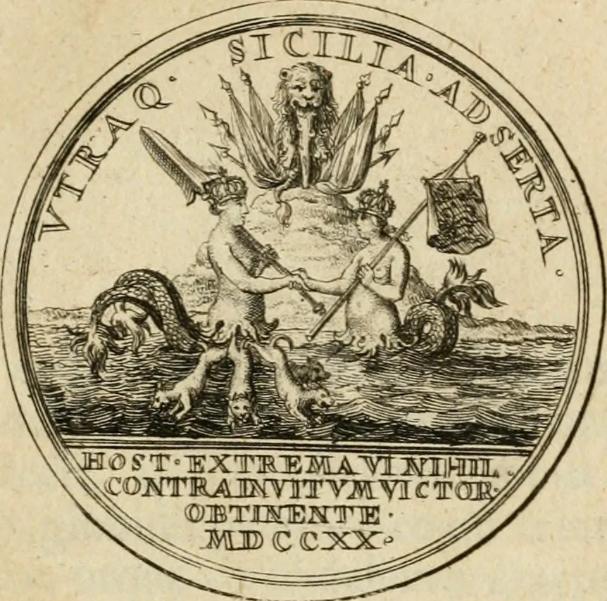 An illustration from Caroli Gustavi Heraei sacrae caes., majest., consiliarii, & rei antiquae, nec non feriundis numismatibus praefecti, Inscriptiones et symbola varii argumenti, 1734, leaf 68