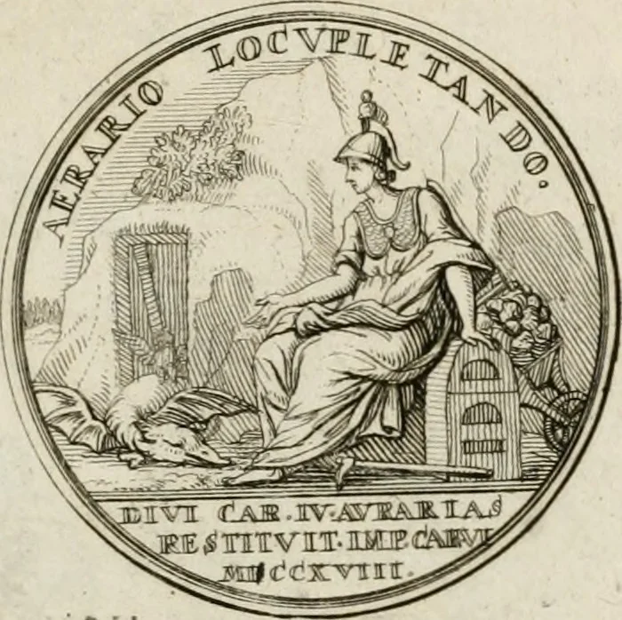 An illustration from Caroli Gustavi Heraei sacrae caes., majest., consiliarii, & rei antiquae, nec non feriundis numismatibus praefecti, Inscriptiones et symbola varii argumenti, 1734, leaf 74