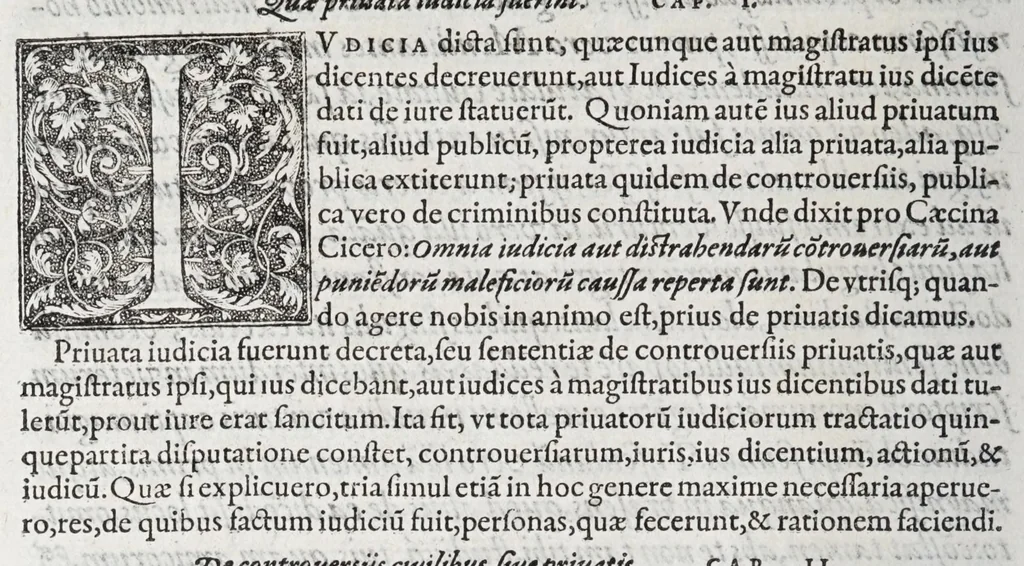 An illustration from Caroli Sigonii De antiqvo ivre civivm Romanorvm Italiae, provinciarvm, Romanae ivrisprvdentiae iudiciis, tum priuatis, tum publicis, eorúmque ratione libri XI : quibus Romani historici, oratores, iurisprudentes, locis innumerabilibus, ex abditis monumentis, explicantur : eivsdem de repvblica Atheniensivm, eorvmqve ac Lacedaemoniorvm temporibvs, libri qvinqvue .., 1576, leaf 434