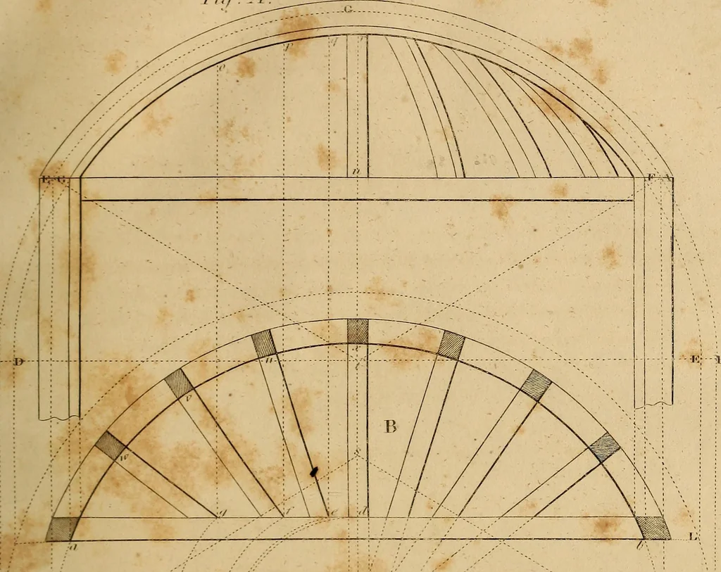 An illustration from The carpenter's new guide: being a complete book of lines for carpentry and joinery. Treating fully on practical geometry, soffits, brick and plaster groins ... with a great variety of designs for roofs, trussed girders ... with many other things entirely new: the whole founded on true geometrical principles; the theory and practice well explained and fully exemplified on eighty-four copper-plates; including some observations and calculations on the strength of timber, 1830, leaf 106