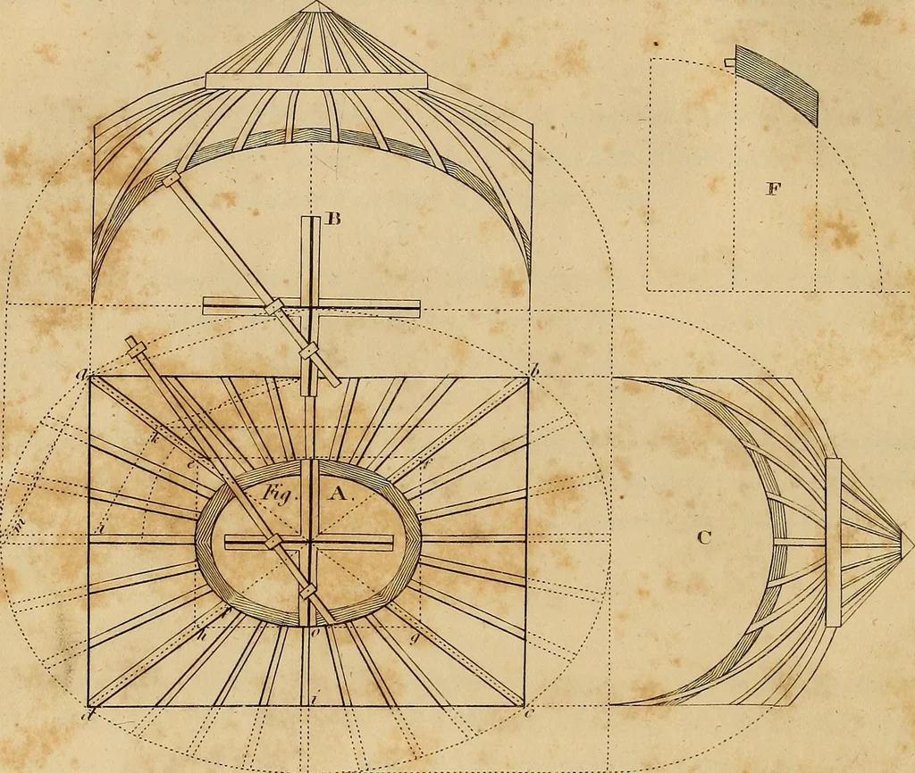 An illustration from The carpenter's new guide: being a complete book of lines for carpentry and joinery. Treating fully on practical geometry, soffits, brick and plaster groins ... with a great variety of designs for roofs, trussed girders ... with many other things entirely new: the whole founded on true geometrical principles; the theory and practice well explained and fully exemplified on eighty-four copper-plates; including some observations and calculations on the strength of timber, 1830, leaf 121