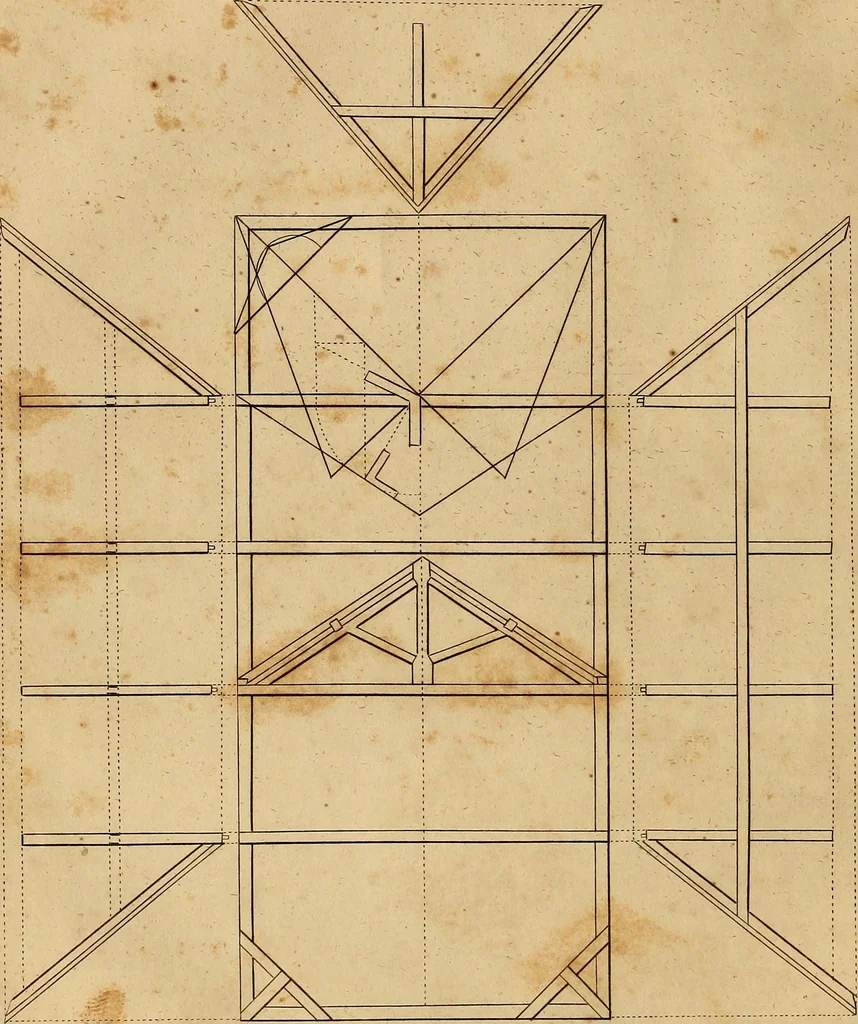 An illustration from The carpenter's new guide: being a complete book of lines for carpentry and joinery. Treating fully on practical geometry, soffits, brick and plaster groins ... with a great variety of designs for roofs, trussed girders ... with many other things entirely new: the whole founded on true geometrical principles; the theory and practice well explained and fully exemplified on eighty-four copper-plates; including some observations and calculations on the strength of timber, 1830, leaf 127