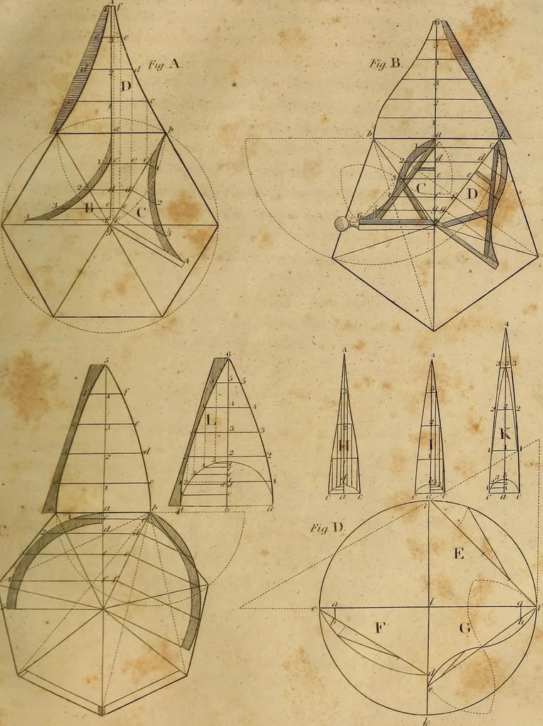 An illustration from The carpenter's new guide: being a complete book of lines for carpentry and joinery. Treating fully on practical geometry, soffits, brick and plaster groins ... with a great variety of designs for roofs, trussed girders ... with many other things entirely new: the whole founded on true geometrical principles; the theory and practice well explained and fully exemplified on eighty-four copper-plates; including some observations and calculations on the strength of timber, 1830, leaf 132
