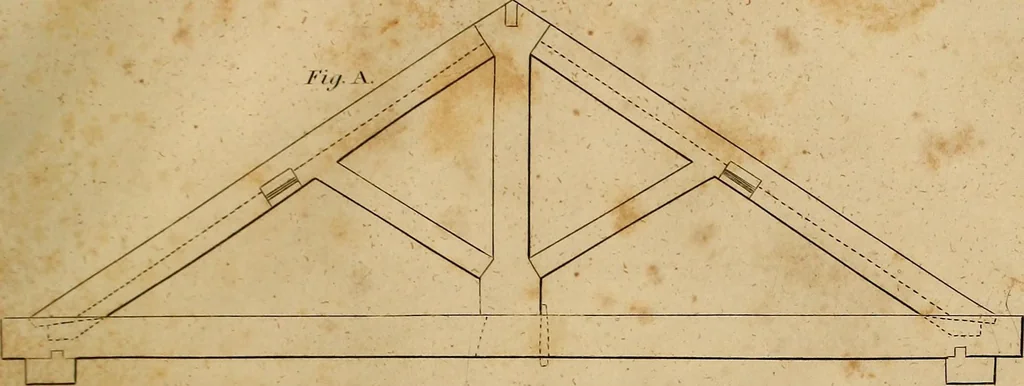 An illustration from The carpenter's new guide: being a complete book of lines for carpentry and joinery. Treating fully on practical geometry, soffits, brick and plaster groins ... with a great variety of designs for roofs, trussed girders ... with many other things entirely new: the whole founded on true geometrical principles; the theory and practice well explained and fully exemplified on eighty-four copper-plates; including some observations and calculations on the strength of timber, 1830, leaf 166