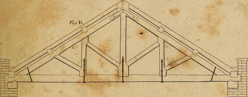 An illustration from The carpenter's new guide: being a complete book of lines for carpentry and joinery. Treating fully on practical geometry, soffits, brick and plaster groins ... with a great variety of designs for roofs, trussed girders ... with many other things entirely new: the whole founded on true geometrical principles; the theory and practice well explained and fully exemplified on eighty-four copper-plates; including some observations and calculations on the strength of timber, 1830, leaf 166