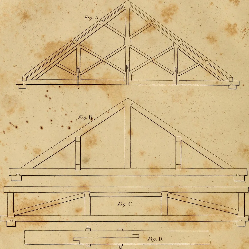 An illustration from The carpenter's new guide: being a complete book of lines for carpentry and joinery. Treating fully on practical geometry, soffits, brick and plaster groins ... with a great variety of designs for roofs, trussed girders ... with many other things entirely new: the whole founded on true geometrical principles; the theory and practice well explained and fully exemplified on eighty-four copper-plates; including some observations and calculations on the strength of timber, 1830, leaf 169