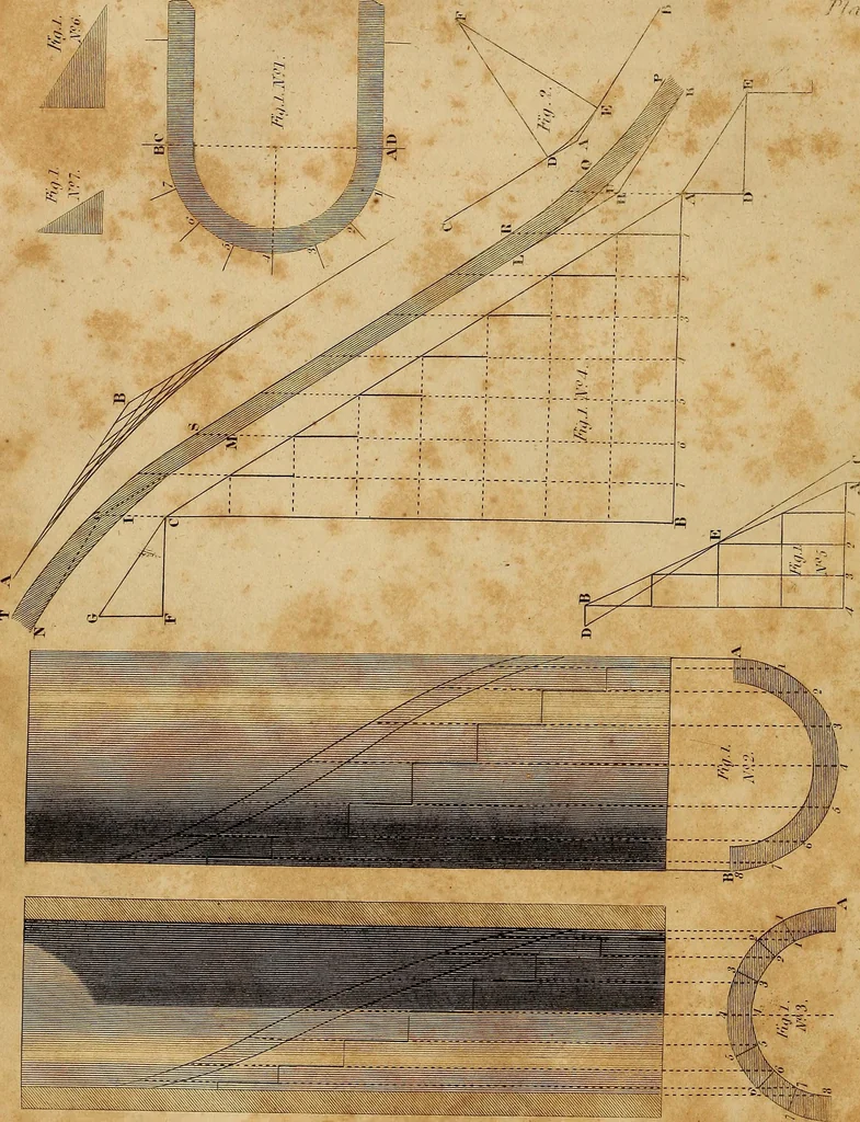 An illustration from The carpenter's new guide: being a complete book of lines for carpentry and joinery. Treating fully on practical geometry, soffits, brick and plaster groins ... with a great variety of designs for roofs, trussed girders ... with many other things entirely new: the whole founded on true geometrical principles; the theory and practice well explained and fully exemplified on eighty-four copper-plates; including some observations and calculations on the strength of timber, 1830, leaf 207