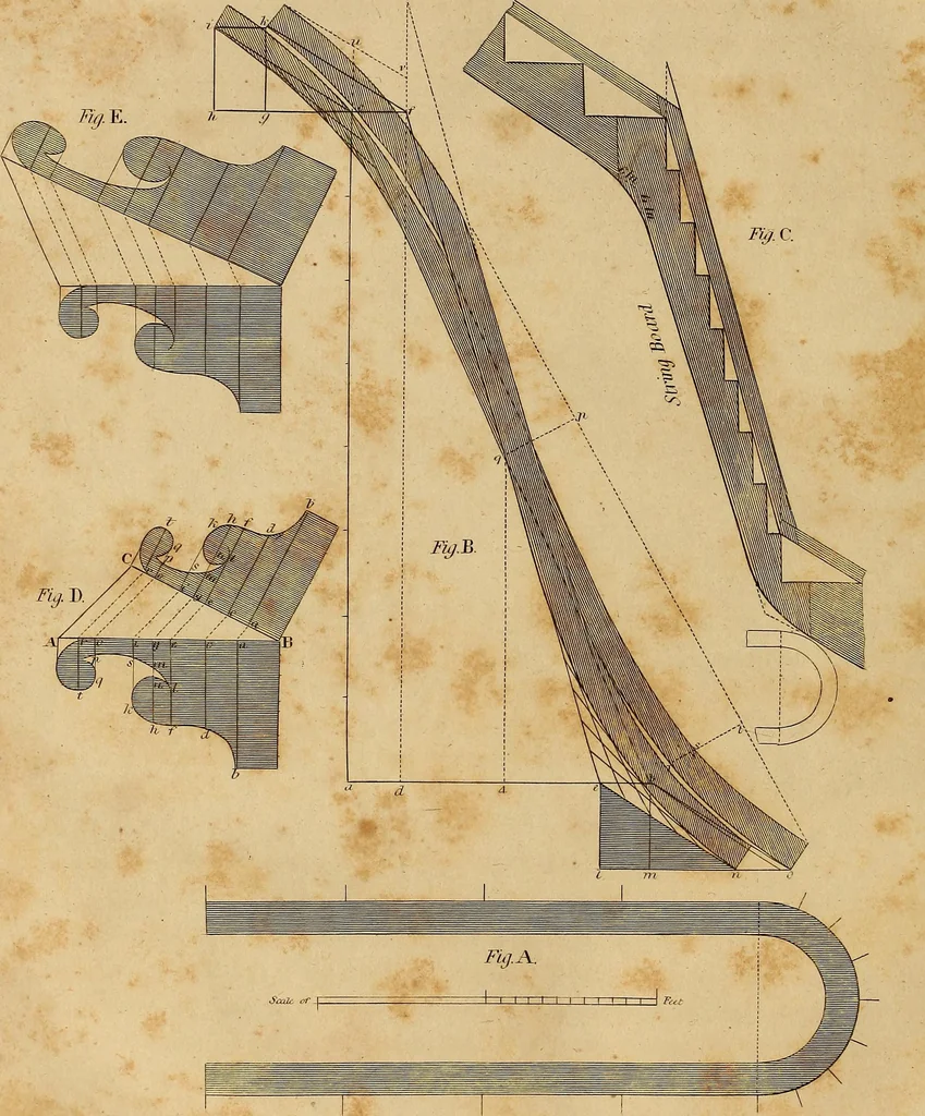 An illustration from The carpenter's new guide: being a complete book of lines for carpentry and joinery. Treating fully on practical geometry, soffits, brick and plaster groins ... with a great variety of designs for roofs, trussed girders ... with many other things entirely new: the whole founded on true geometrical principles; the theory and practice well explained and fully exemplified on eighty-four copper-plates; including some observations and calculations on the strength of timber, 1830, leaf 257
