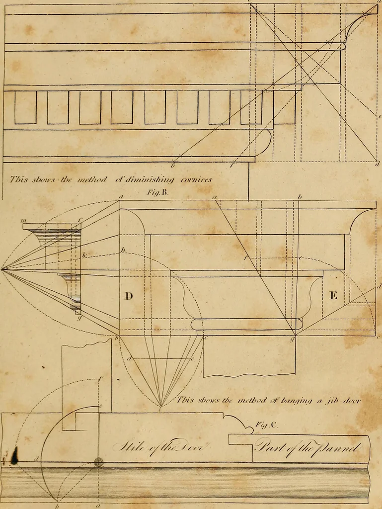 An illustration from The carpenter's new guide: being a complete book of lines for carpentry and joinery. Treating fully on practical geometry, soffits, brick and plaster groins ... with a great variety of designs for roofs, trussed girders ... with many other things entirely new: the whole founded on true geometrical principles; the theory and practice well explained and fully exemplified on eighty-four copper-plates; including some observations and calculations on the strength of timber, 1830, leaf 278