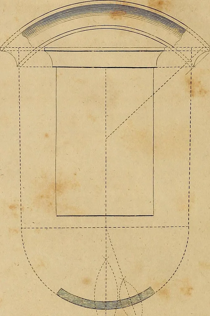 An illustration from The carpenter's new guide: being a complete book of lines for carpentry and joinery. Treating fully on practical geometry, soffits, brick and plaster groins ... with a great variety of designs for roofs, trussed girders ... with many other things entirely new: the whole founded on true geometrical principles; the theory and practice well explained and fully exemplified on eighty-four copper-plates; including some observations and calculations on the strength of timber, 1830, leaf 281
