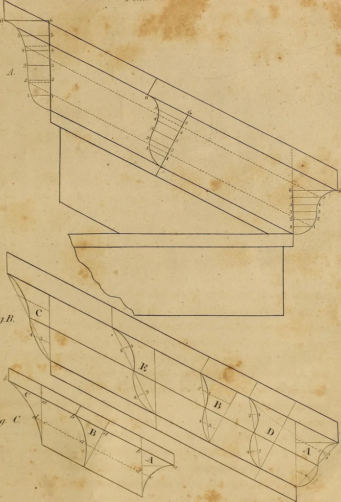An illustration from The carpenter's new guide: being a complete book of lines for carpentry and joinery. Treating fully on practical geometry, soffits, brick and plaster groins ... with a great variety of designs for roofs, trussed girders ... with many other things entirely new: the whole founded on true geometrical principles; the theory and practice well explained and fully exemplified on eighty-four copper-plates; including some observations and calculations on the strength of timber, 1830, leaf 292