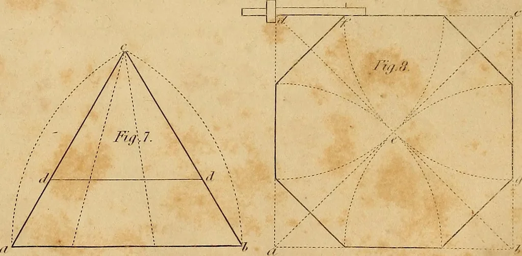 An illustration from The carpenter's new guide: being a complete book of lines for carpentry and joinery. Treating fully on practical geometry, soffits, brick and plaster groins ... with a great variety of designs for roofs, trussed girders ... with many other things entirely new: the whole founded on true geometrical principles; the theory and practice well explained and fully exemplified on eighty-four copper-plates; including some observations and calculations on the strength of timber, 1830, leaf 31