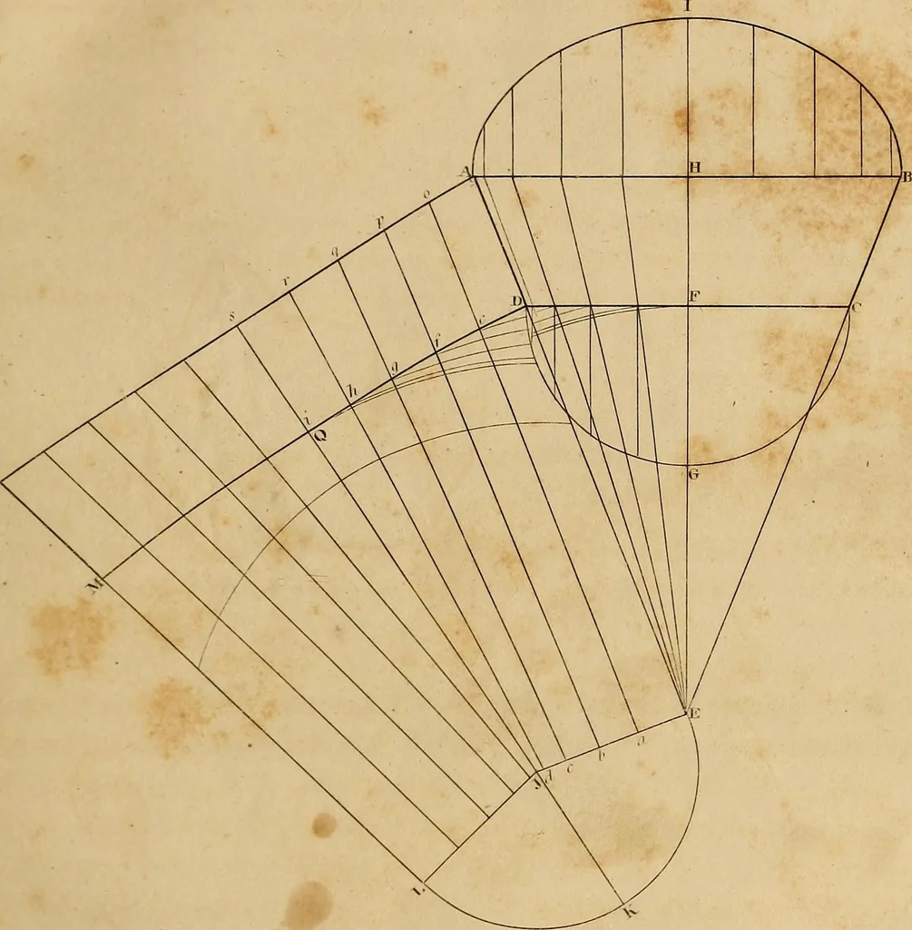 An illustration from The carpenter's new guide: being a complete book of lines for carpentry and joinery. Treating fully on practical geometry, soffits, brick and plaster groins ... with a great variety of designs for roofs, trussed girders ... with many other things entirely new: the whole founded on true geometrical principles; the theory and practice well explained and fully exemplified on eighty-four copper-plates; including some observations and calculations on the strength of timber, 1830, leaf 60