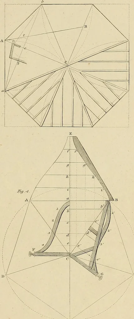An illustration from The carpenter's new guide; a complete book of lines for carpentry and joinery, treating fully on practical geometry, soffits, groins, niches, roofs, and domes, and containing a great variety of original designs. Also a full exemplification of the theory and practice of stair building, cornices, mouldings, and dressings of every description. Including also some observations and calculations on the strength of timber, 1854, leaf 108